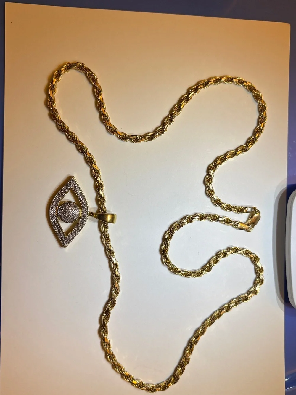 Gold-Tone Rope Chain Necklace with Pave Eye Pendant